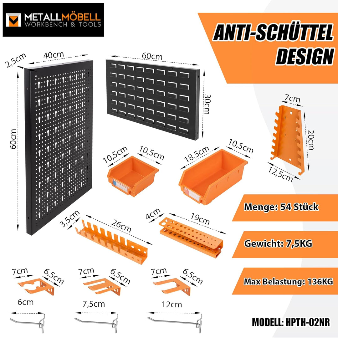 METALLMOBELL - Werkzeugwand Metall Lochwand, 120x90x2cm, 3 Paneele 40x60x2cm, 2 Paneele 30x60x2cm, W