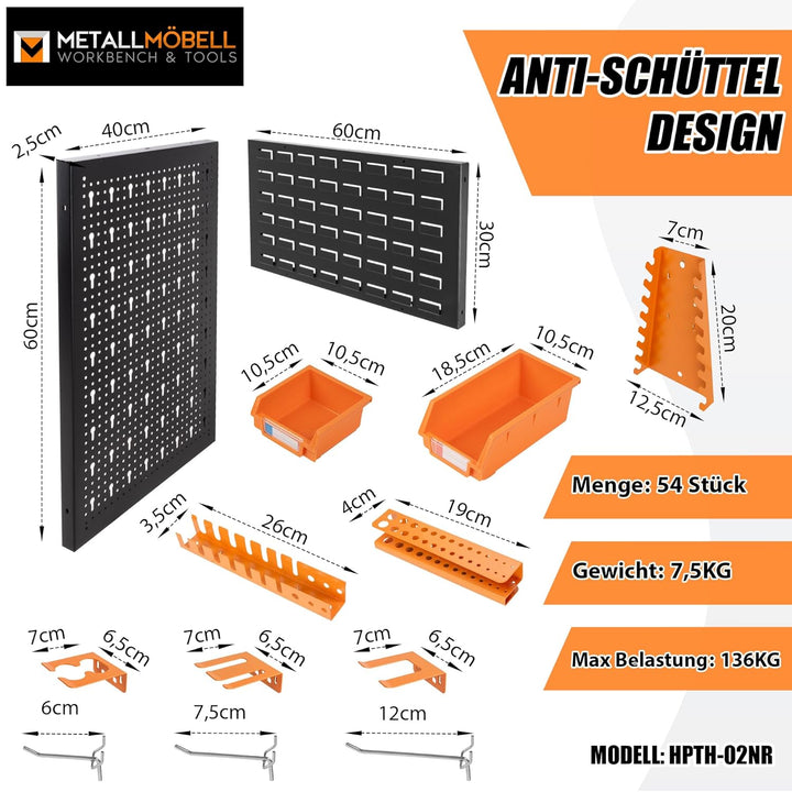 METALLMOBELL - Werkzeugwand Metall Lochwand, 120x90x2cm, 3 Paneele 40x60x2cm, 2 Paneele 30x60x2cm, W