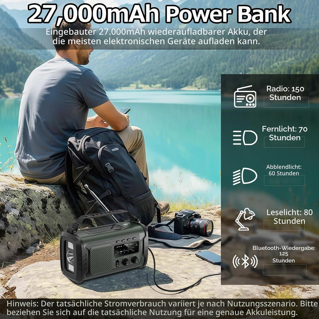 Kurbelradio 27000mAh, Notfallradio Solar Kurbel FM/AM Mit Bluetooth, SOS Alarm Emergency Radio, Kurb