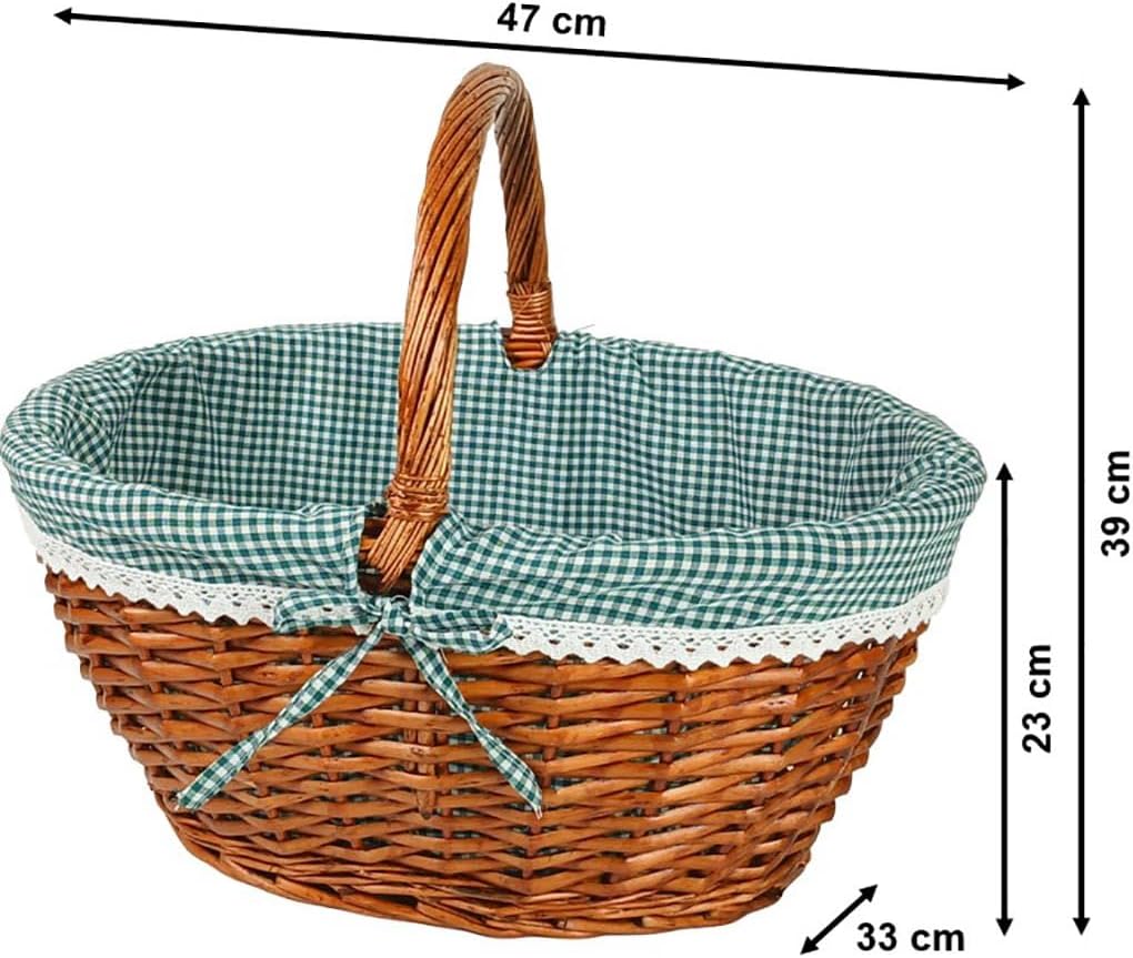 Kobolo Einkaufskorb geflochten Weide -mit Textil ausgeschlagen- grün weiss kariert - 45x34x20 cm