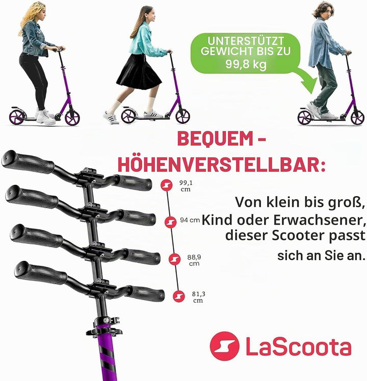 Lascoota Roller für Kinder ab 8 Jahren- Tretroller Erwachsene – Klappbar & Höhenverstellbar – Federu
