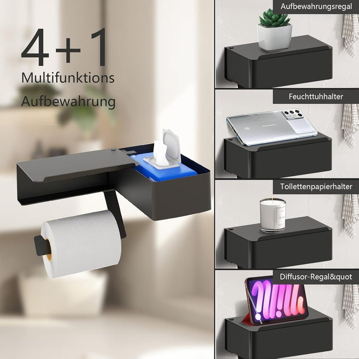 Toilettenpapierhalter ohne Bohren, Klopapierhalter 304 Edelstahl, Schwarzer Klopapierhalter mit Feuc