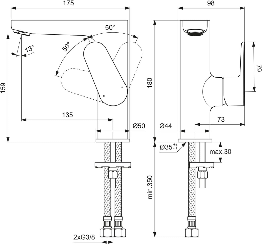 Ideal Standard BC555XG Cerafine O Waschtischarmatur ohne Ablaufgarnitur Kein Abfall|H155mm|Seitliche