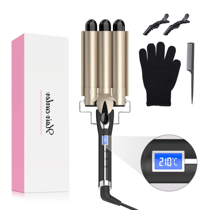 Welleneisen 3 Fässer Lockenstab BEACHWAVES Φ25mm, AIMERVO Curler LCD 14 Temperaturstufen 80-210℃, fü