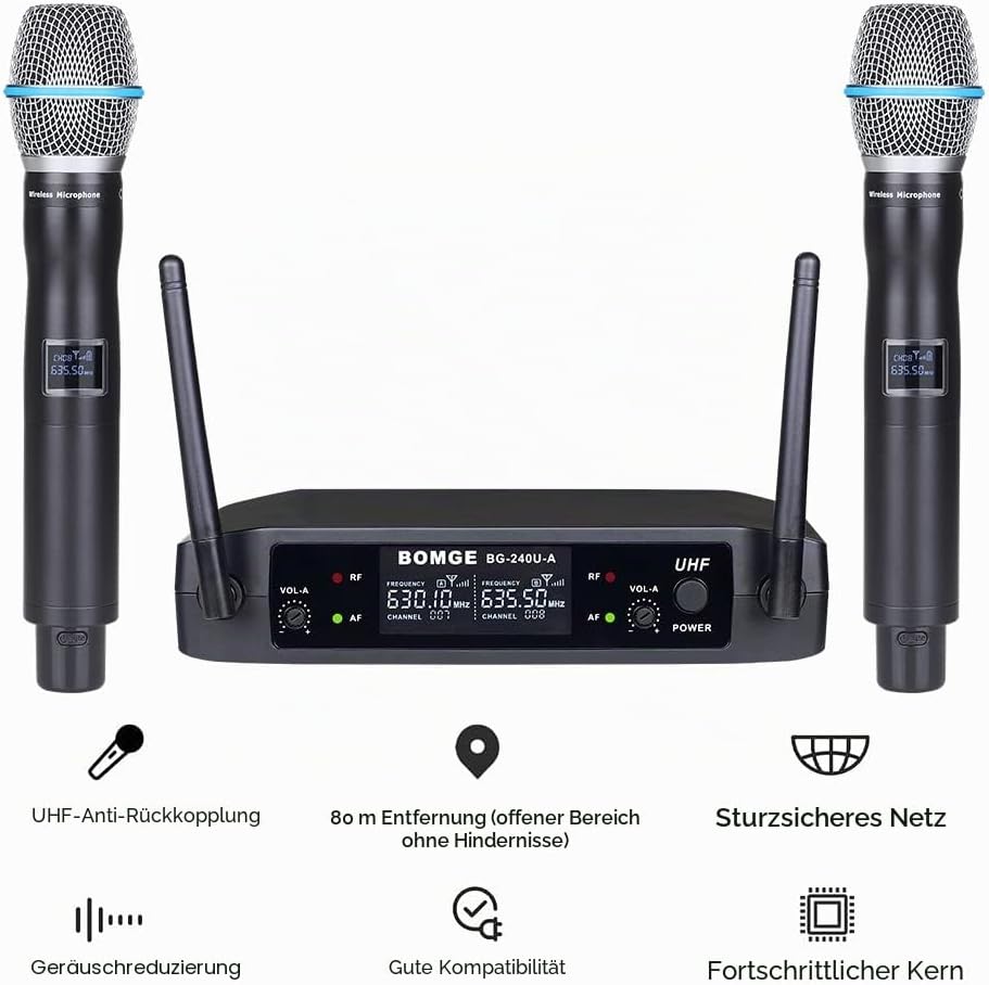 BOMGE UHF Metall Dual Handheld Wireless Mikrofone & Systeme für Karaoke, Gesang, Meeting, Party, Kir