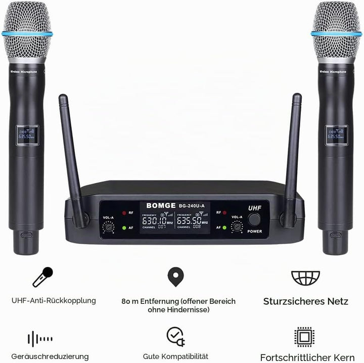 BOMGE UHF Metall Dual Handheld Wireless Mikrofone & Systeme für Karaoke, Gesang, Meeting, Party, Kir