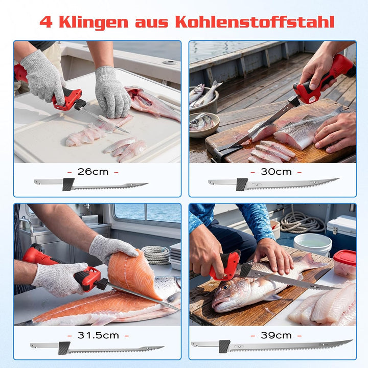 Elektromesser Kabellos Elektrisches Messer Filetiermesser mit 4 Hochkohlenstoffstahl Klingen 26–39cm