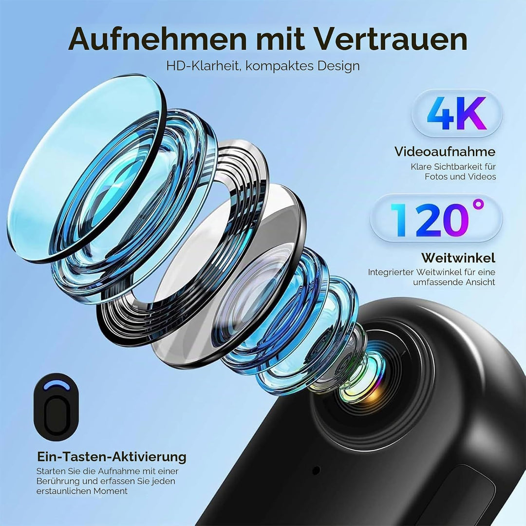 Mini Action Cam 4K,Tragbare Kamera mit 360° Drehbarem Clip und Magnetclip,Wasserdichter 4K-Körperkam