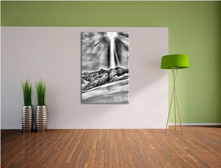 Monocrome, Schnee Berge, Format: 100x70 auf Leinwand, XXL riesige Bilder fertig gerahmt mit Keilrahm