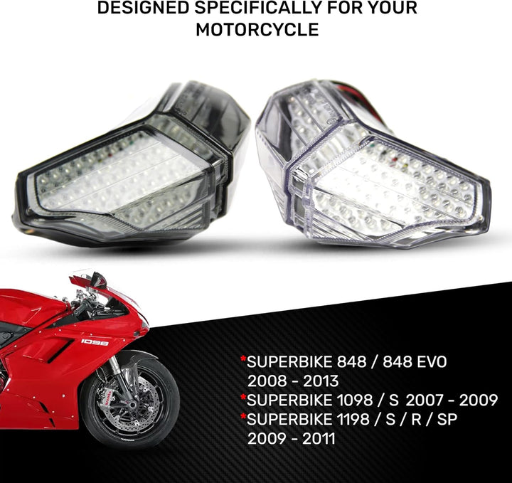 aVDB-moto LED-Bremslicht mit integrierten Blinker kompatibel mit Ducati 848, 1098, 1198 (Klar), Klar