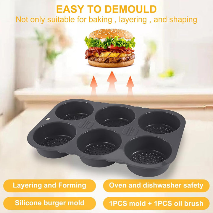 Burger Buns Backform, Brötchenbackformen Rund 10cm Ø Silikon Perforierte mit 6 Hohlräumen Brötchen B