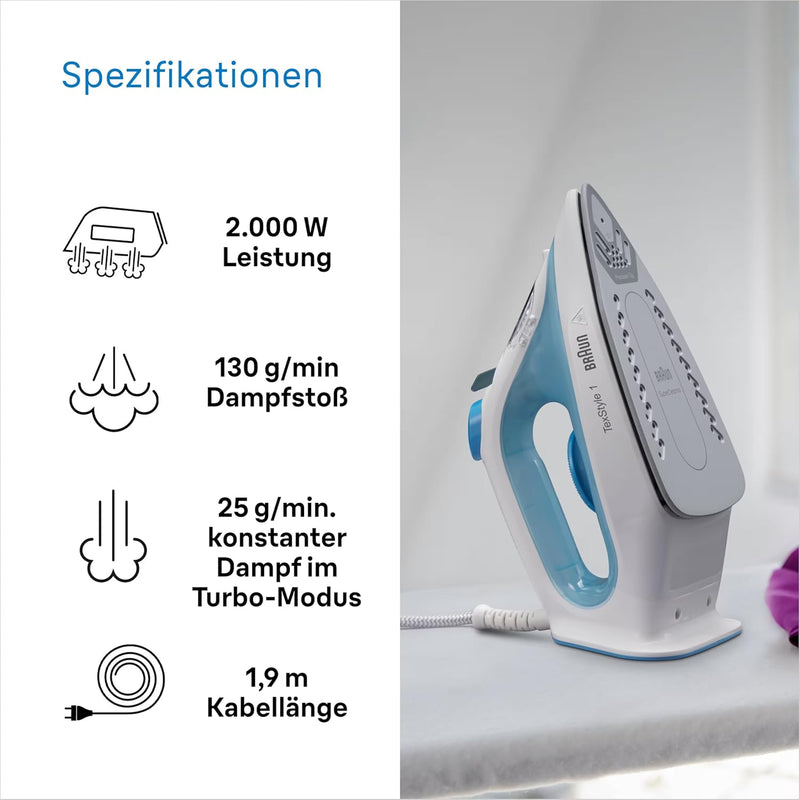 Braun TexStyle 1 Dampfbügeleisen SI 1050BL - Bügeleisen mit SuperCeramic Bügelsohle, Vertikaldampf,