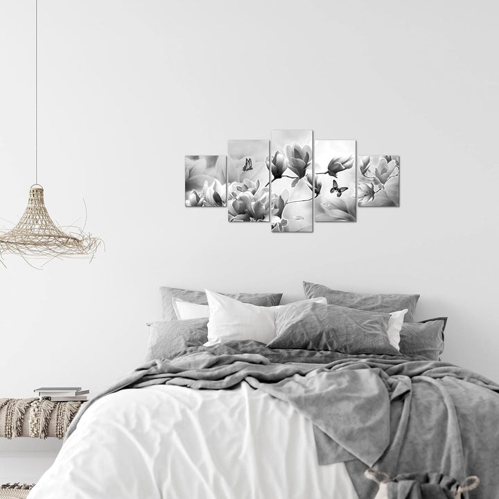 Runa Art Wandbilder Blumen Magnolien 5 Teilig Bild auf Vlies Leinwand Deko Wohnzimmer Schmetterling