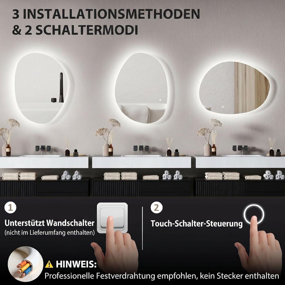 HOMCOM Badspiegel mit Beleuchtung 80 x 60 cm LED Badezimmerspiegel Dimmbar mit 3 Lichtfarben Touch-S