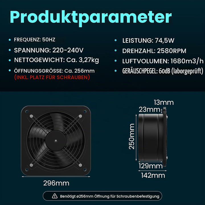 HG Power Abluftventilator 250mm - 1680m³/h Badlüfter Leiser mit Rücklaufklappe, Schalter, Stecker, 7
