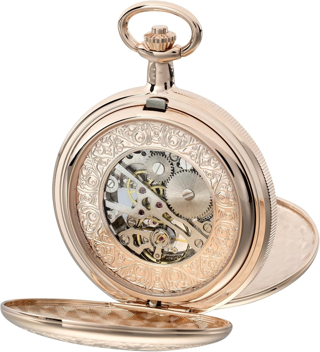 PUREgrey Taschenuhr Doppeldeckel Skelett mechanisch mit Kette und Etui Rosa