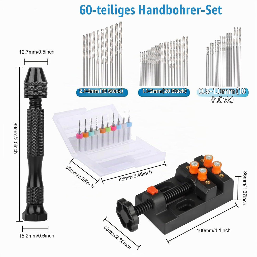 60 Stück Handbohrer Set, Mini Bohrmaschine Pin Vise mit 48 Handbohr Spiralbohrer (0.5-3mm), 10 PCB B