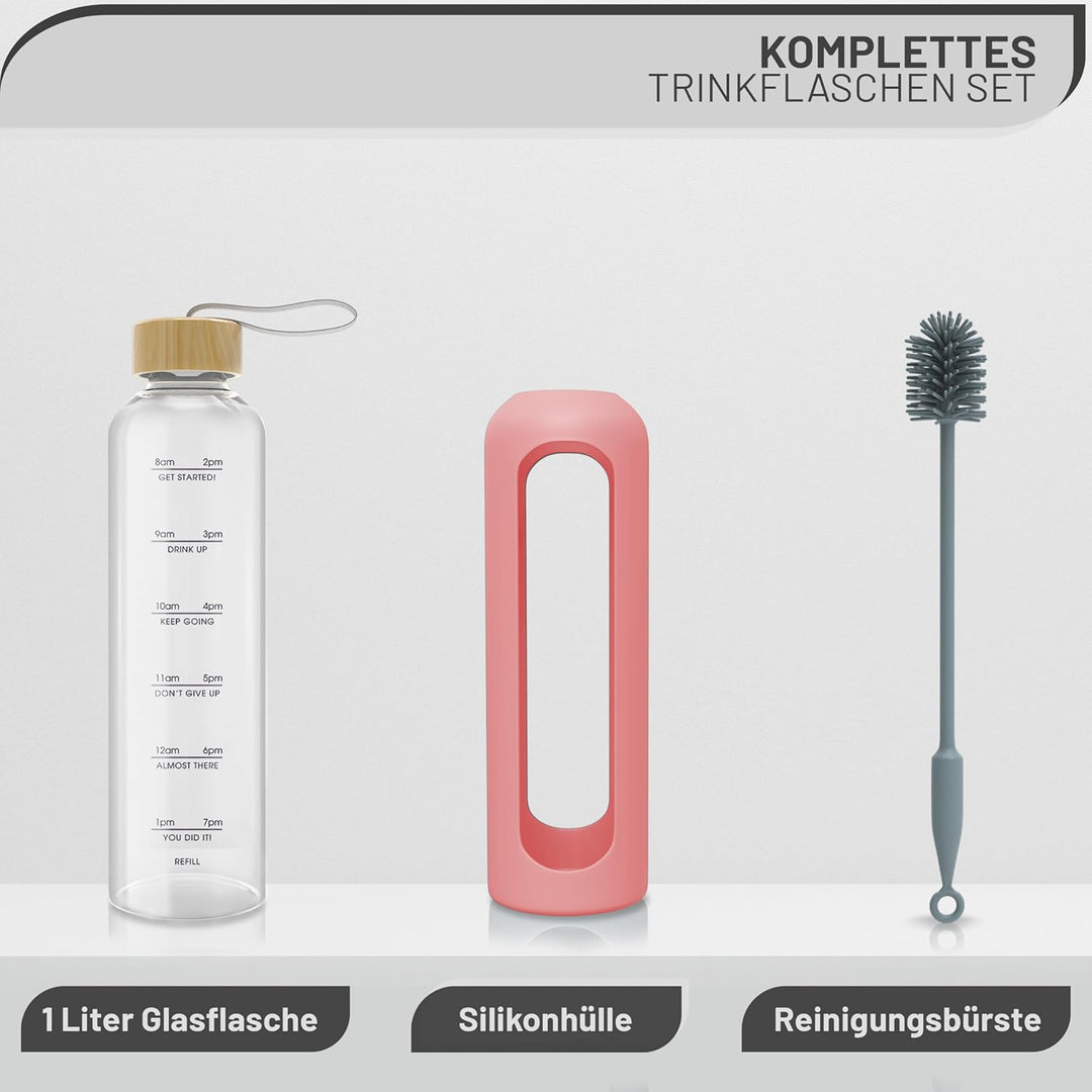 Amalindo Trinkflasche 1l Glas Bruchsicher, Wasserflasche, Glasflasche 1 Liter, Trinkflasche Glas 1l,