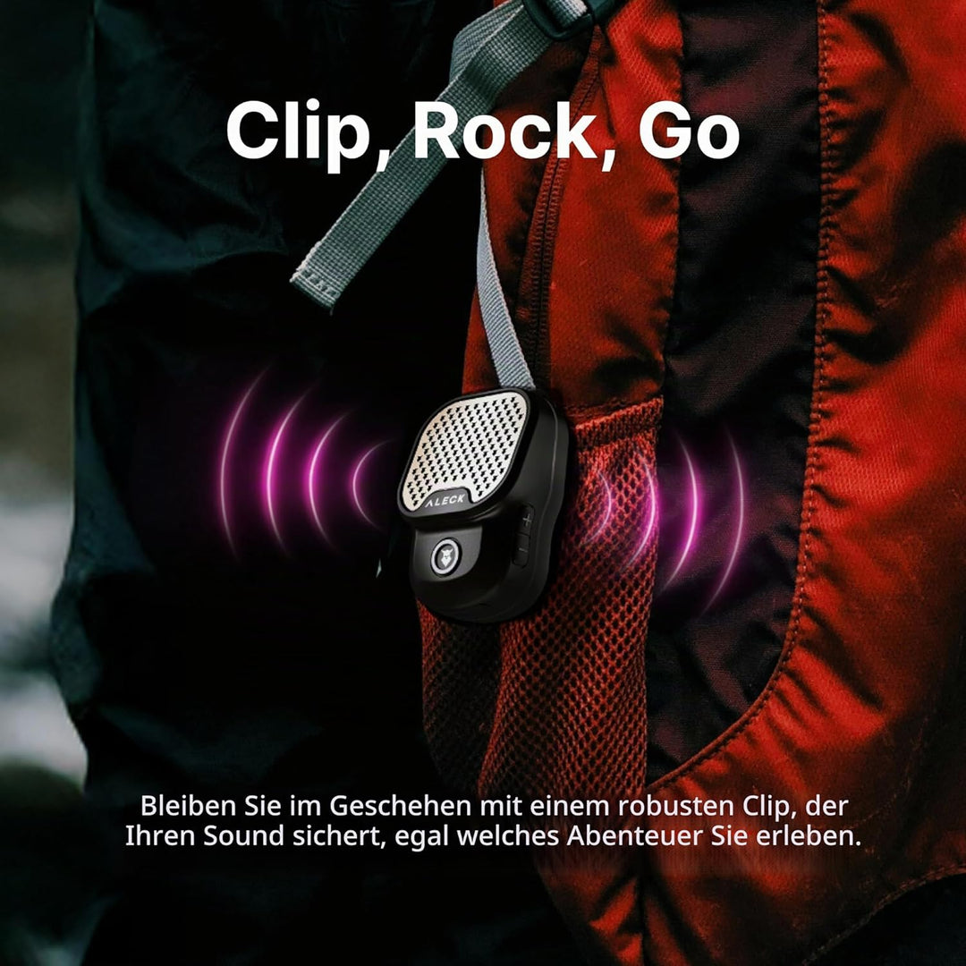 ALECK ROX Tragbarer Bluetooth-Lautsprecher 5.3, tragbar, kabellos, mit Clip für 32 Stunden Wiedergab