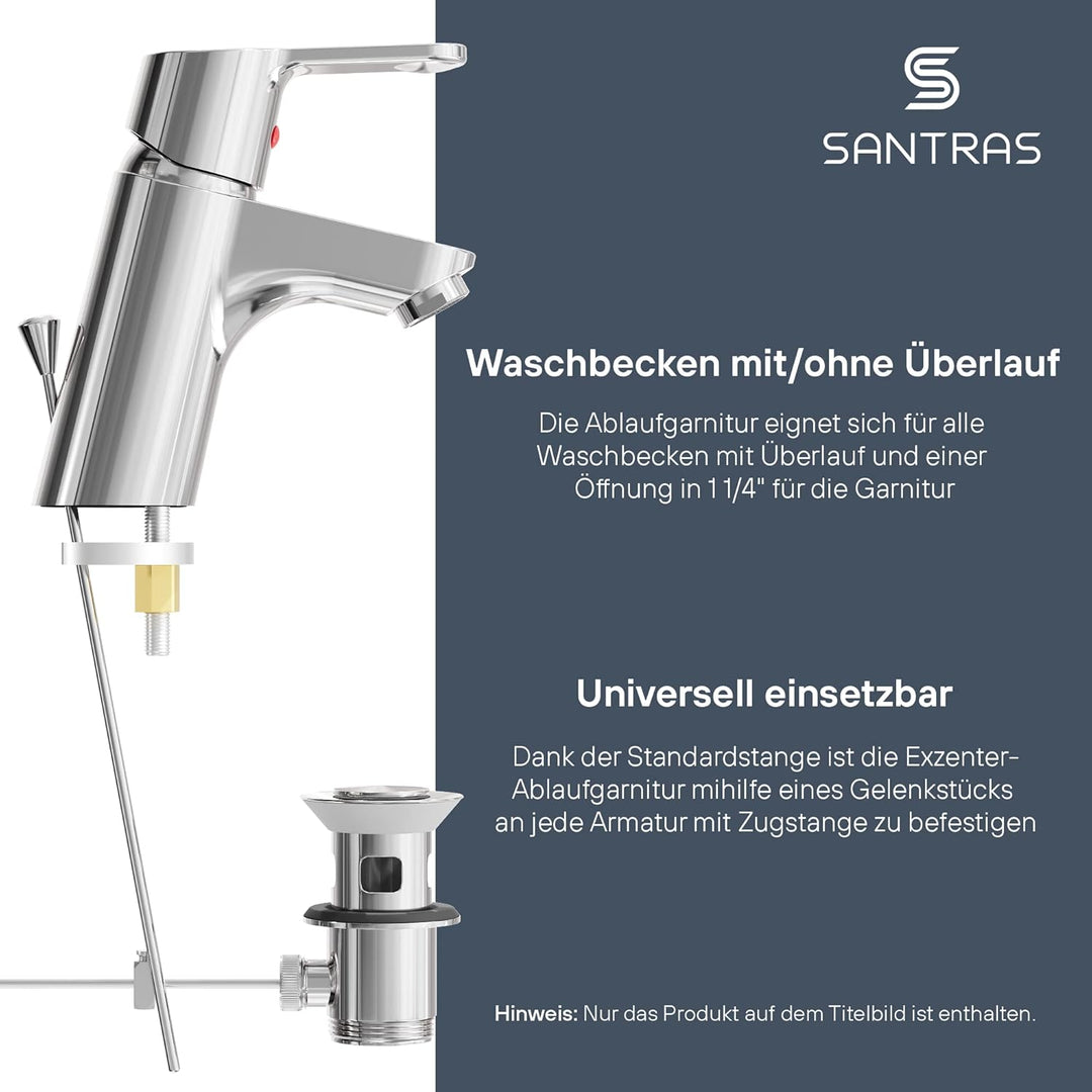 SANTRAS® Exzenter Ablaufgarnitur PREMIUM für Waschtisch mit Schutz vor Überlauf in Chrom – Komplette