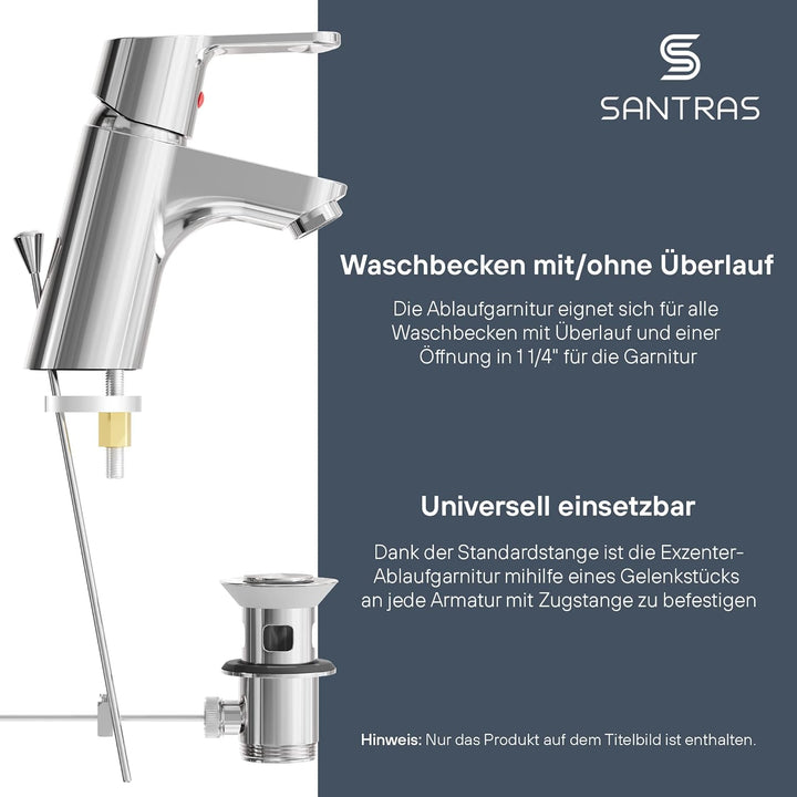 SANTRAS® Exzenter Ablaufgarnitur PREMIUM für Waschtisch mit Schutz vor Überlauf in Chrom – Komplette
