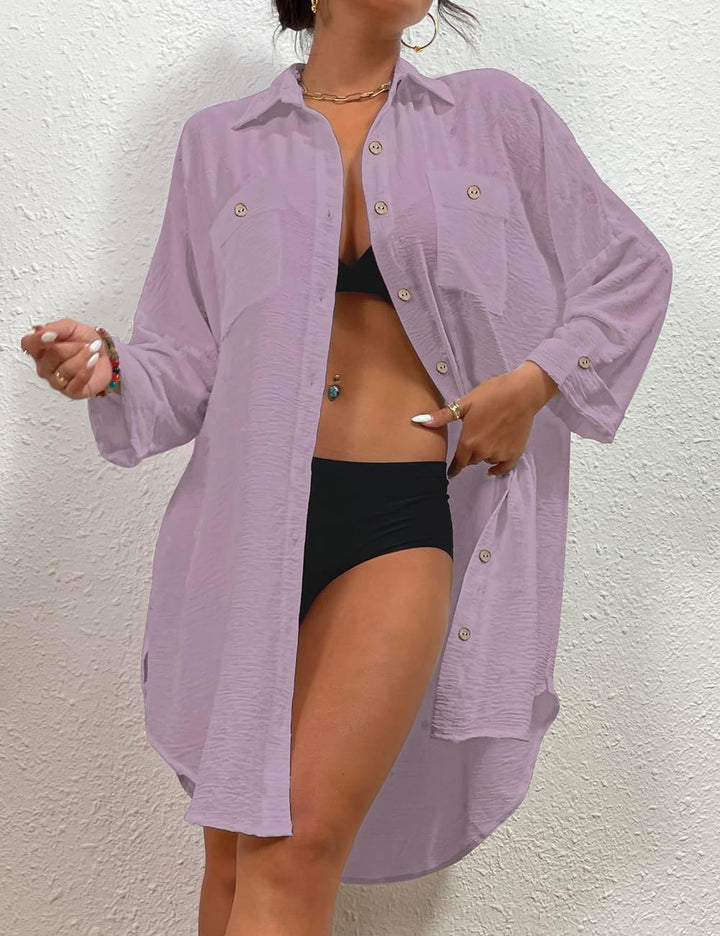Bsubseach Frauen Badeanzug Coverup Shirt Kleid Button Down Badeanzug Cover Up Beachwear B-Lila M, B-