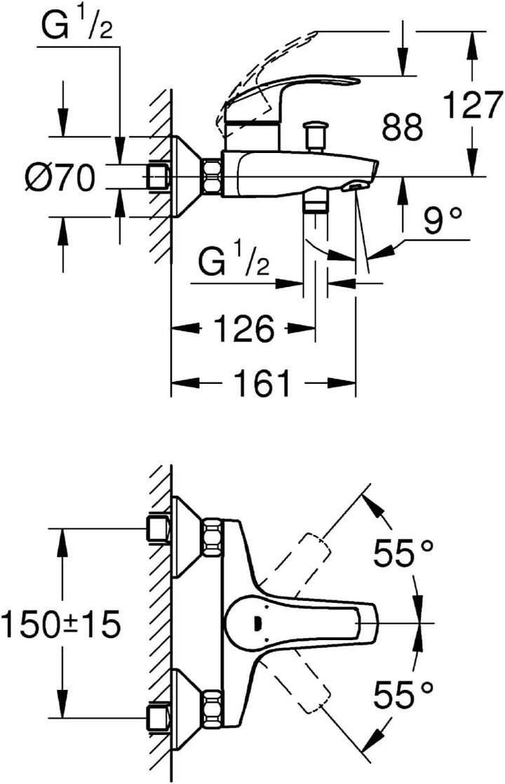 GROHE Eurosmart - Einhand-Wannenbatterie (Wandmontage, automatische Umstellung, S- Anschlüsse), chro
