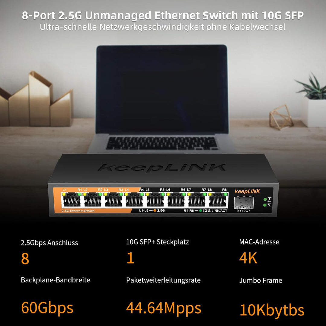 keepLiNK 8 Port 2,5-Gigabit LAN Switch mit 1 x 10G SFP Slot, 60Gbps Switching Capacity, Unmanaged, P