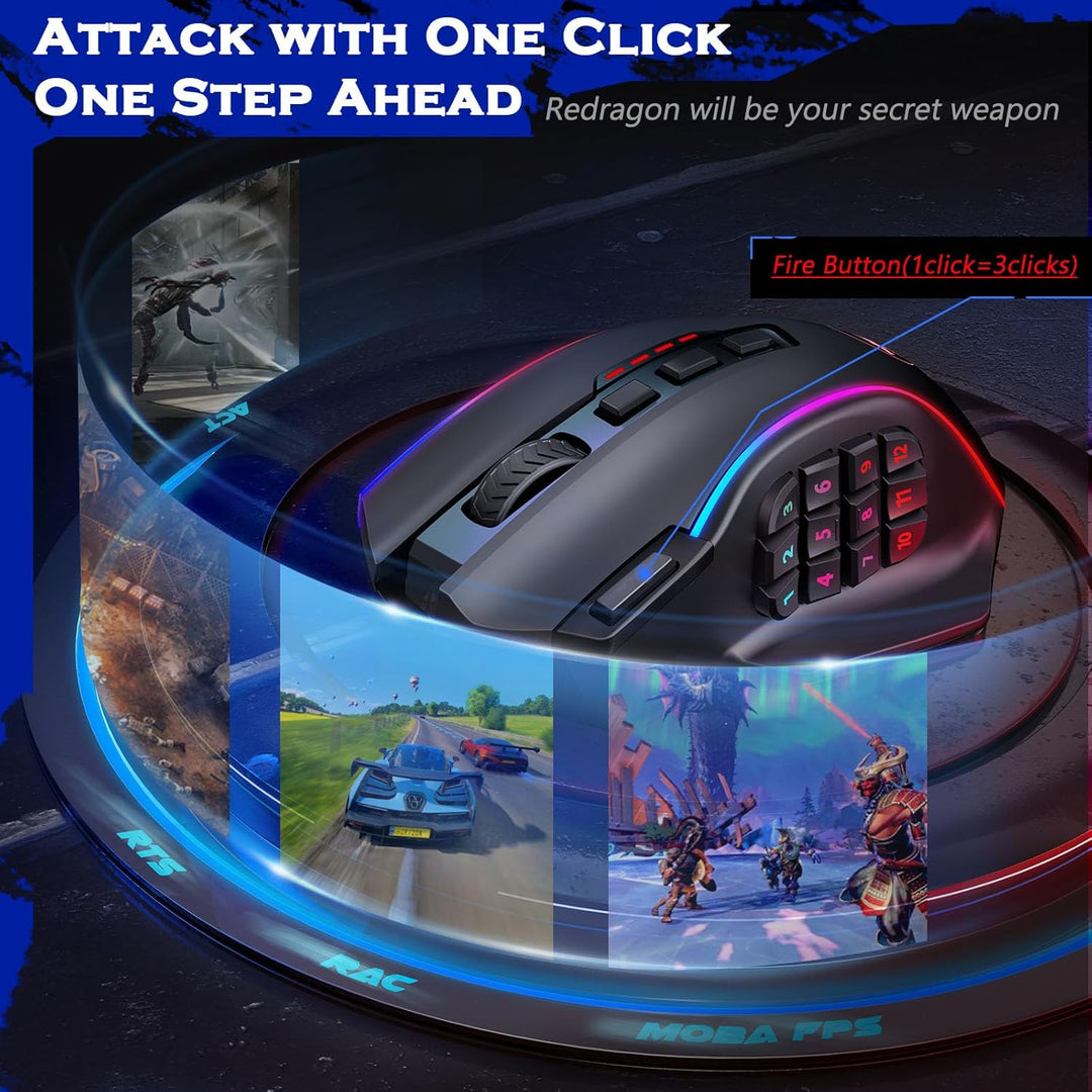 Redragon Wireless Gaming Maus RGB, 16000 DPI, Optische 2.4G/USB-C MMO Maus mit 16 Programmierbaren T