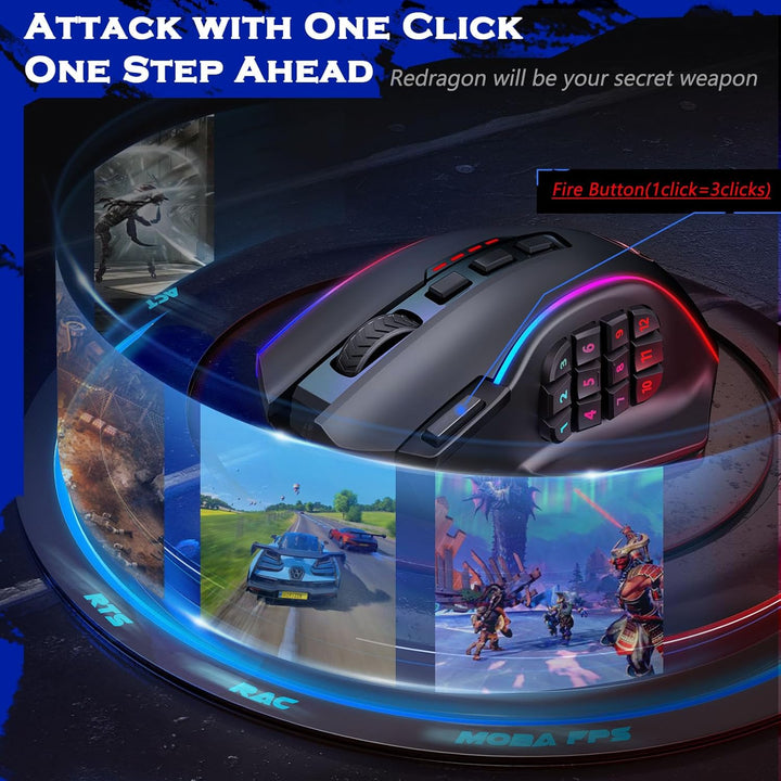 Redragon Wireless Gaming Maus RGB, 16000 DPI, Optische 2.4G/USB-C MMO Maus mit 16 Programmierbaren T