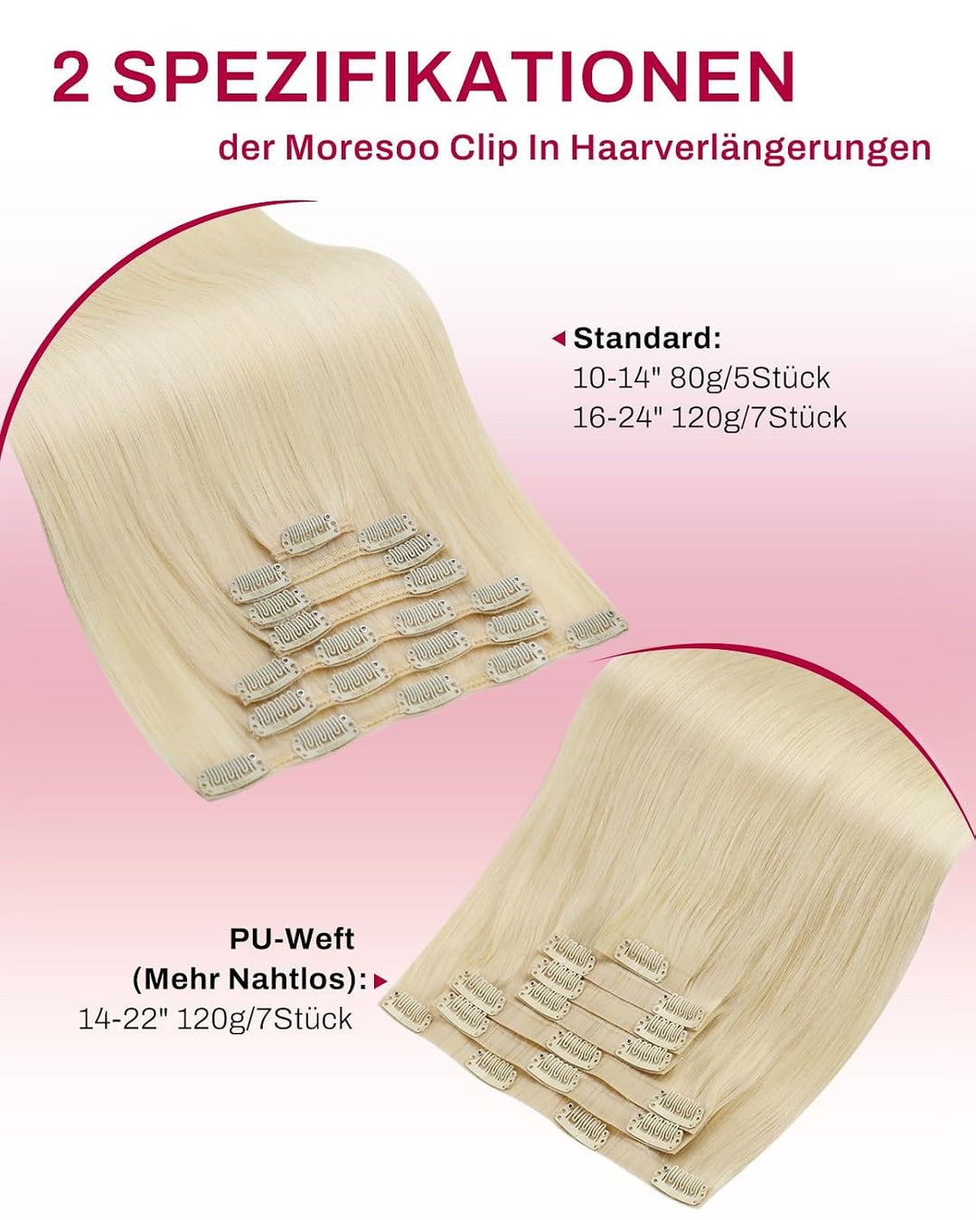 Moresoo Clip in Extensions Echthaar Blond Remy Echthaar Extensions Clip Platinblond Doppelt Tressen