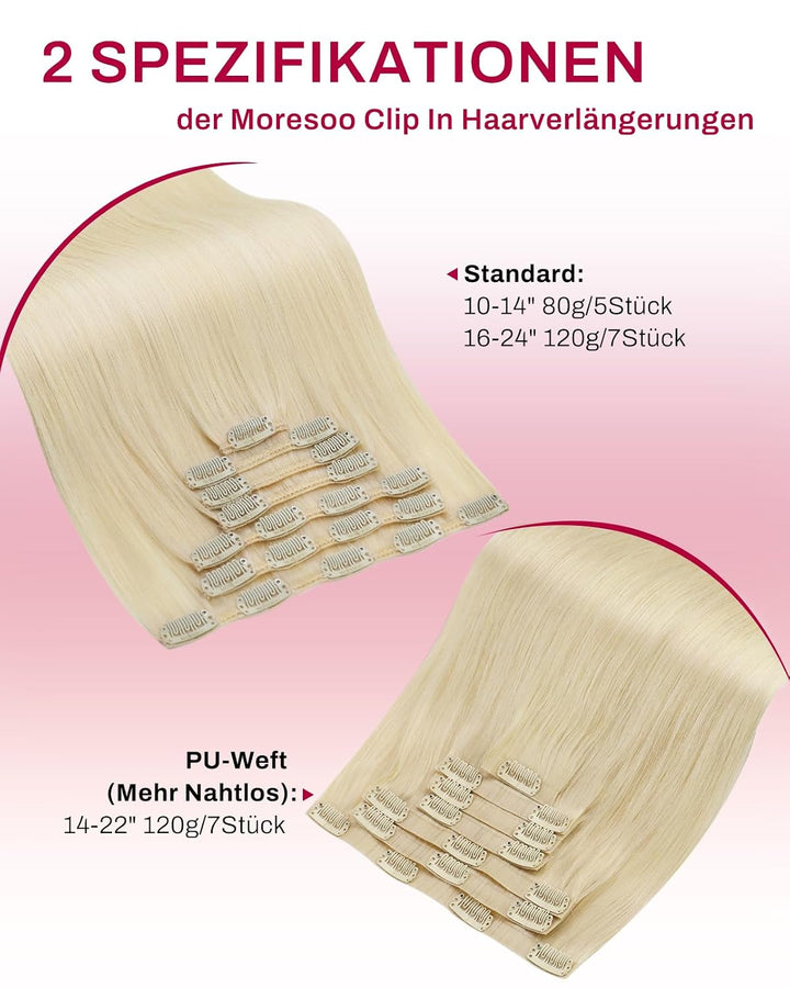 Moresoo Clip in Extensions Echthaar Blond Remy Echthaar Extensions Clip Platinblond Doppelt Tressen