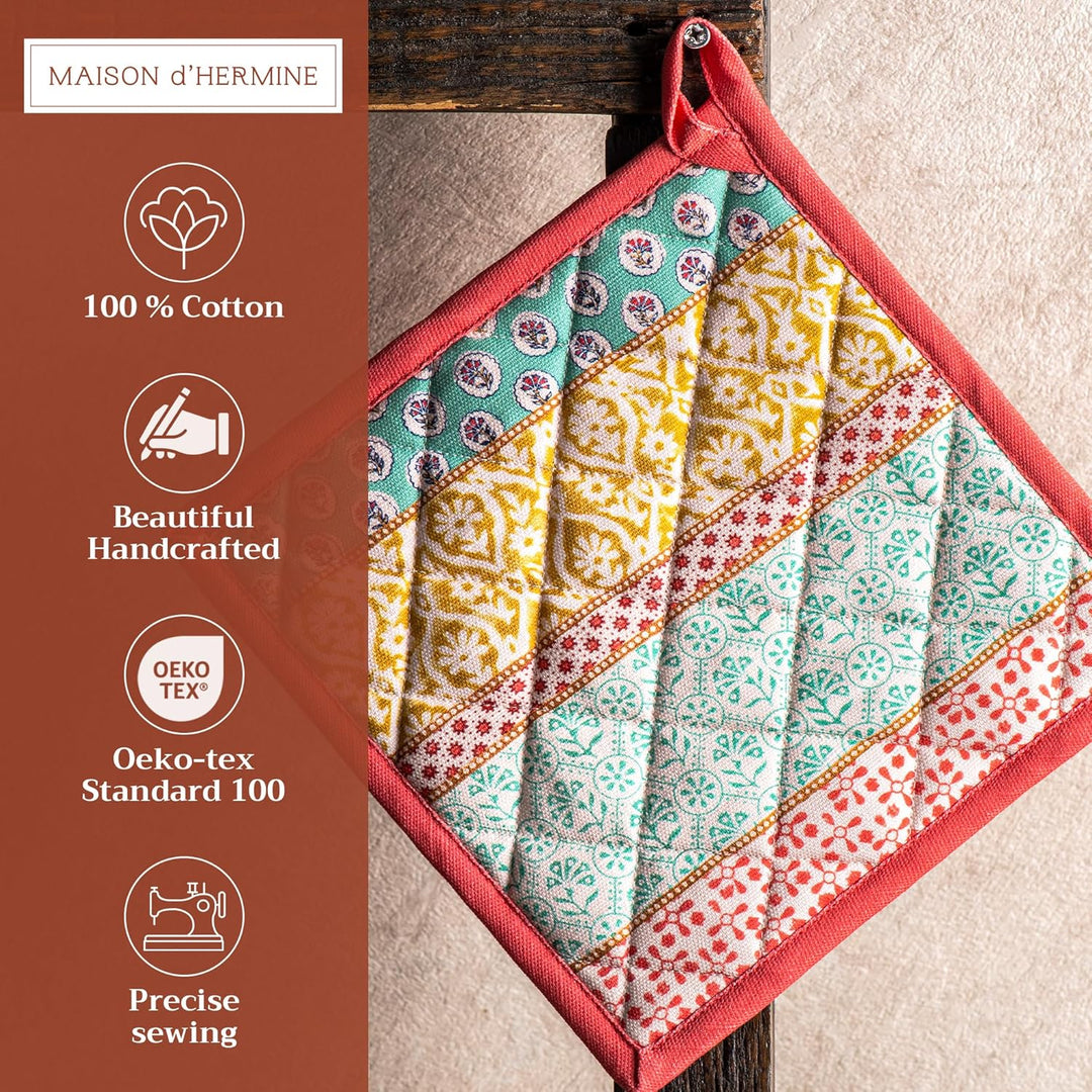 Maison d'Hermine Topflappen-Set, 100% Baumwolle, hitzebeständig, 20 cm x 20 cm, mit Schlaufe zum Gri