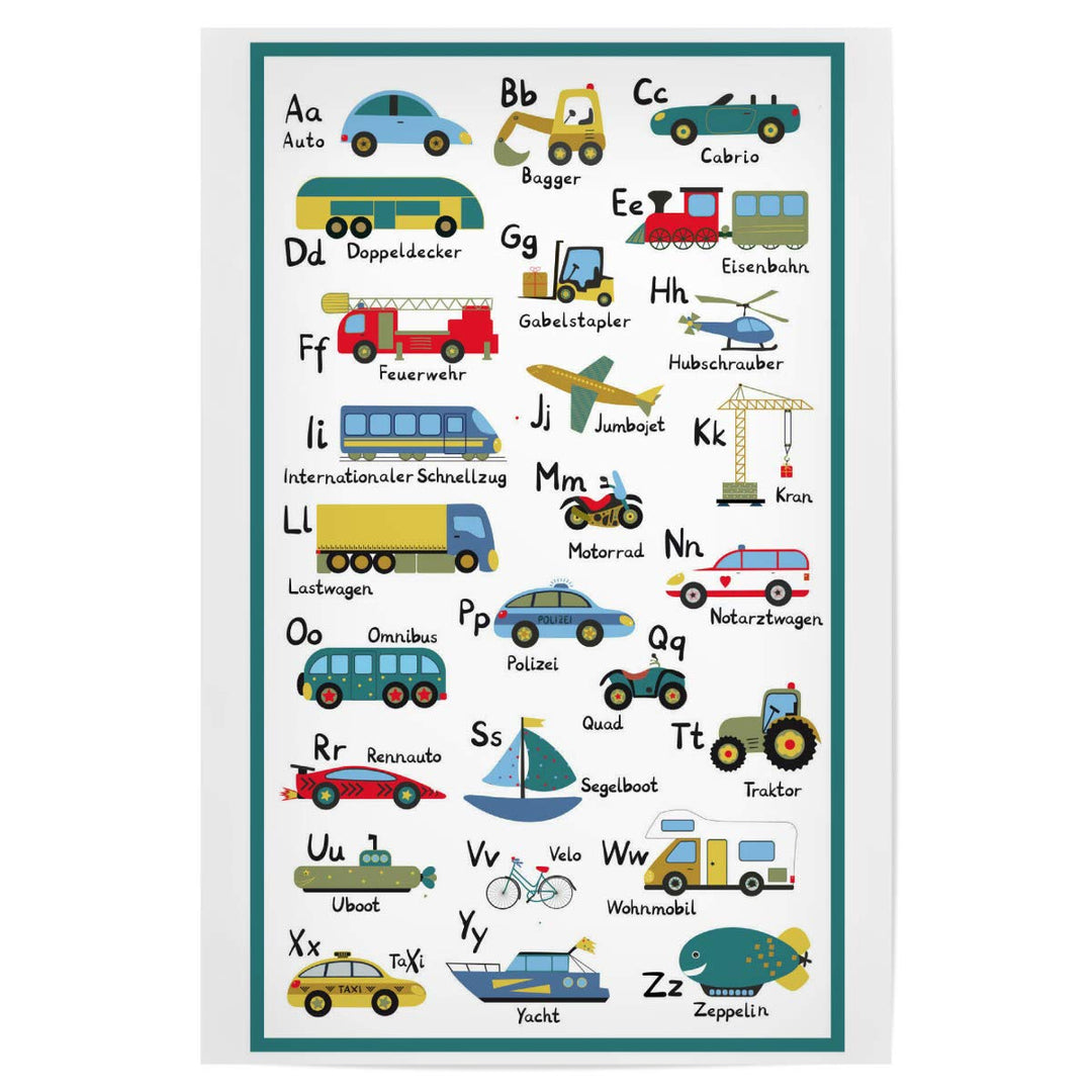 artboxONE Poster 150x100 cm Für Kinder ABC Lernposter Autos und Fahrzeuge - Bild ABC Alphabet Autos,