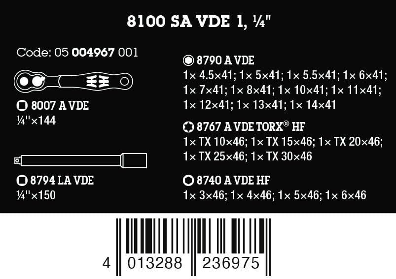 Wera 05004967001 8100 SA VDE 1 Zyklop Knarrensatz, isoliert, Umschalthebel, 1/4"-Antrieb, metrisch,
