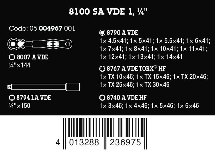 Wera 05004967001 8100 SA VDE 1 Zyklop Knarrensatz, isoliert, Umschalthebel, 1/4"-Antrieb, metrisch,