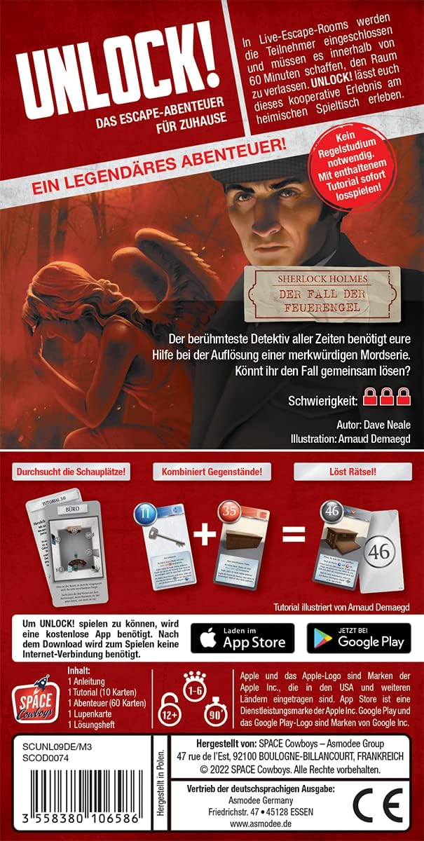Asmodee, Unlock! – Sherlock Holmes: Der Fall der Feuerengel, Familienspiel, Rätselspiel, 1-6 Spieler