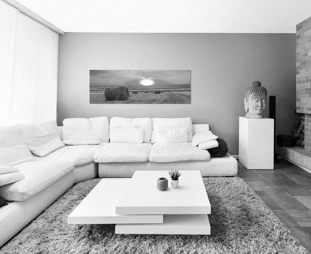 Paul Sinus Art Leinwandfoto als Panorama SCHWARZ/Weiss 150x50cm Feld Strohballen Herbst Sonnenunterg