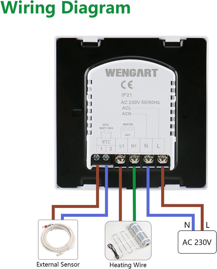 Wengart Digital Thermostat für Elektrische Fussbodenheizung Heizsysteme WG505,Unterputz Programmierb