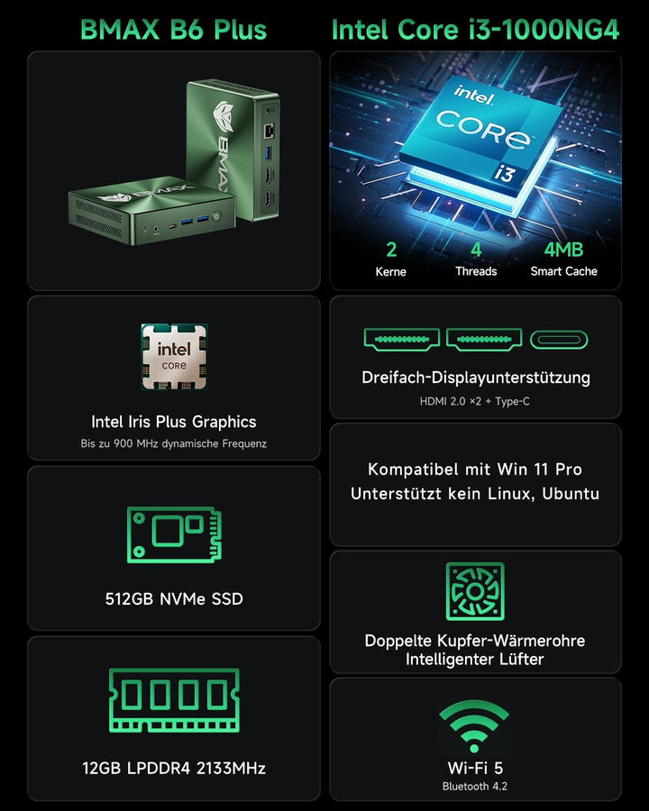 BMAX Mini Pc B6 Plus Intel i3-1000NG4 (bis zu 3,2 GHz), 12 GB LPDDR4 512 GB NVME SSD Mini-Desktop-Co