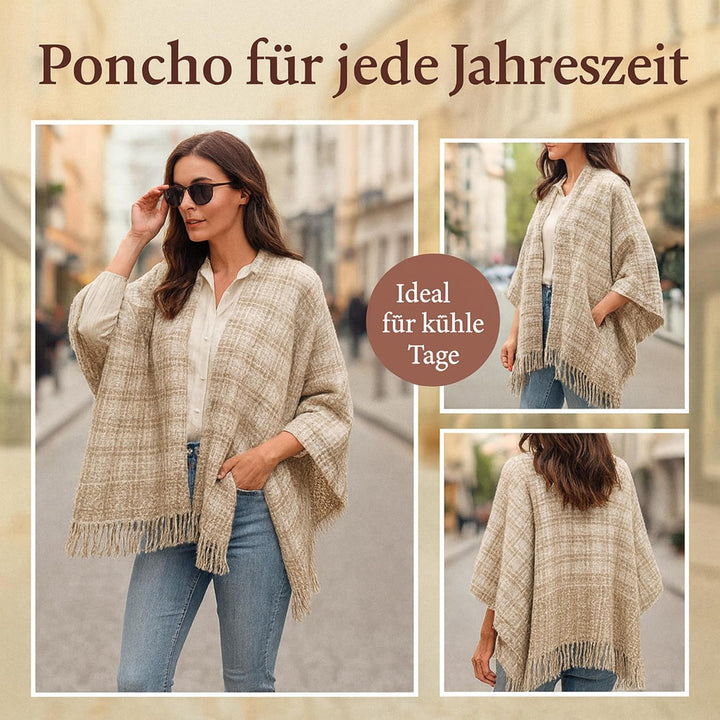 Poncho Damen Überwurf – Weicher wärmender Komfort – Karierter Fransen-Look in One Size M Beige, M Be