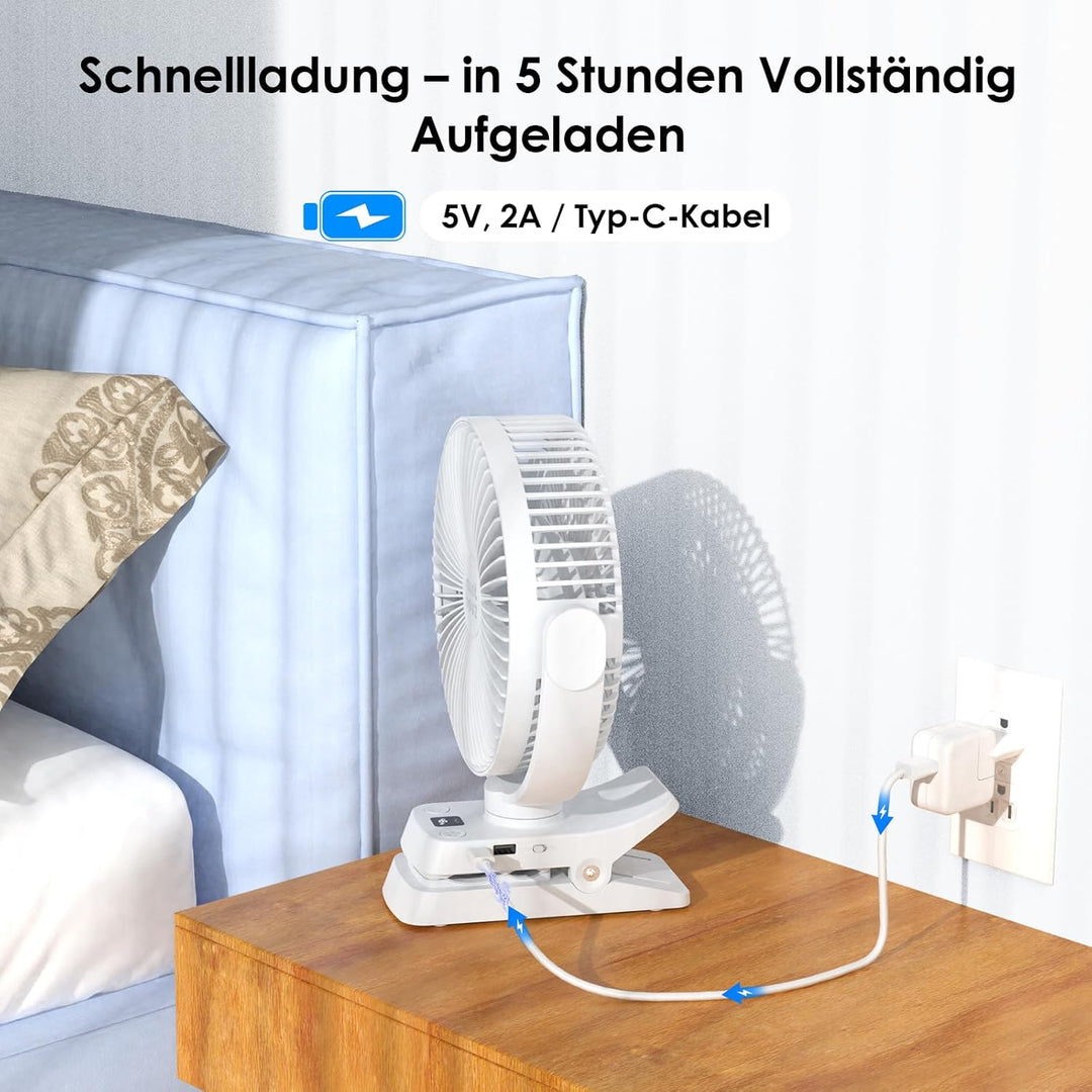 Minthouz 12000mAh Clip Ventilator, 20 cm (8 Zoll USB Tischventilator, 5 Stufen, 29 Stunden Laufzeit,