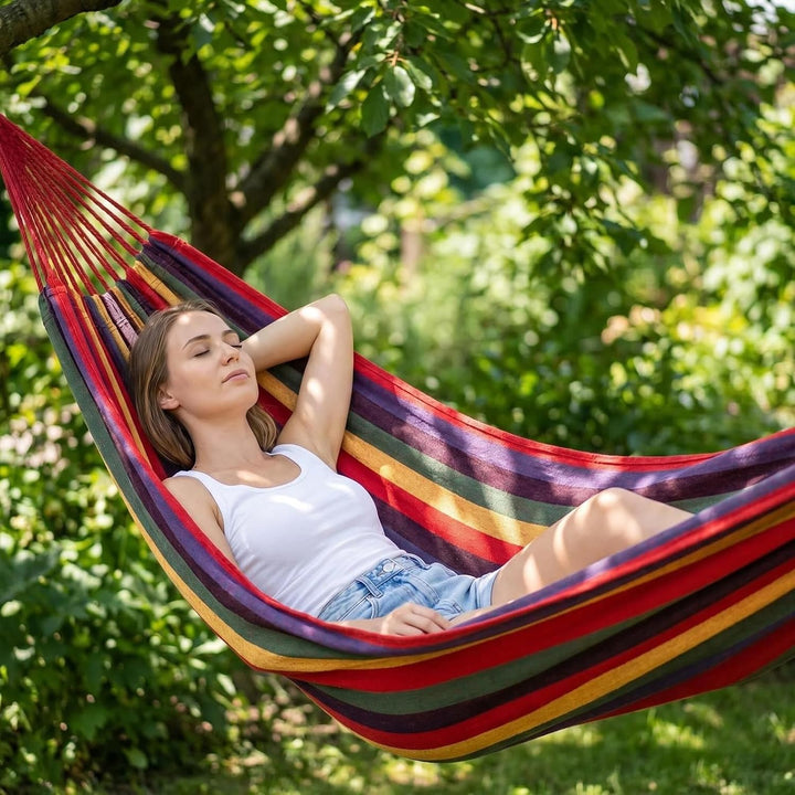 ANYOO Hängematte Outdoor Baumwolle Bequemer Stoff mit Baumfreundlichen Gurten zum Aufhängen, Robuste