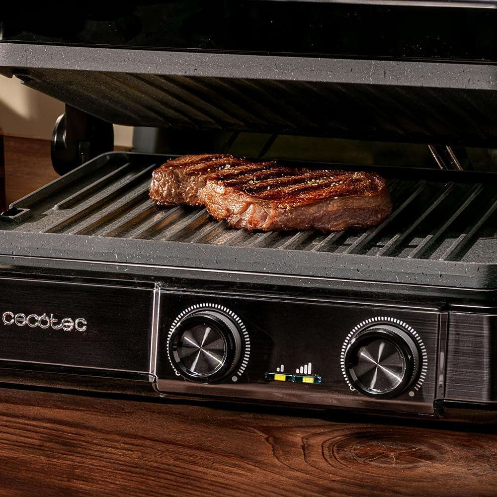 Cecotec Rock'nGrill 2200 Dual-Elektrogrill mit Grill, 2200 W, Öffnung 180°, Dual Temp, RockStone, An
