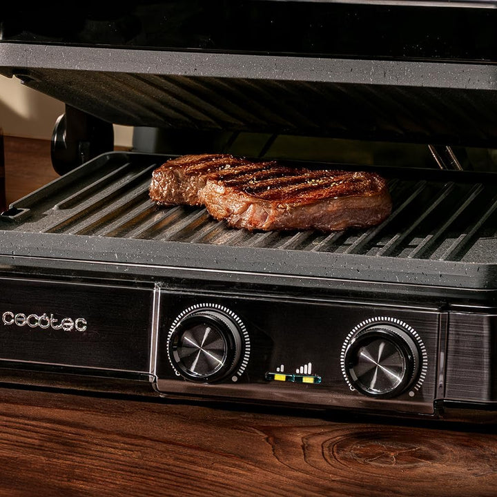 Cecotec Rock'nGrill 2200 Dual-Elektrogrill mit Grill, 2200 W, Öffnung 180°, Dual Temp, RockStone, An