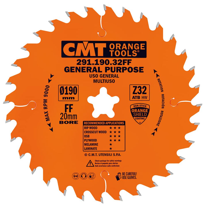 CMT Orange Tools Kreissägeblatt HW 190 x 2,6 / 1,6 x 20 (Festool® FF) Z=32 10° ATB - 291.190.32FF -