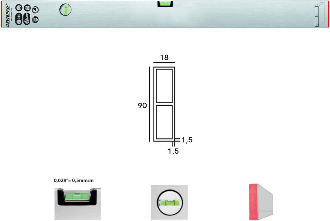 DEWEPRO® Alu Richtlatte - Setzlatte - Abziehlatte - Putzlatte mit 2 Libellen - Länge: 150cm / 1,5m,