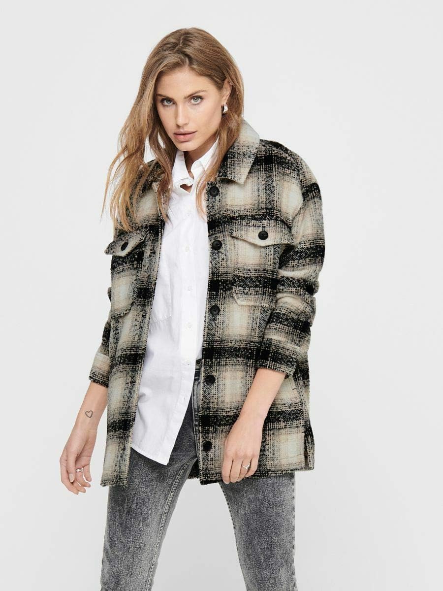 ONLY Female Lange Hemdjacke ONLALLISON Lange Hemdjacke XS Pumice Stone/Checks:black, XS Pumice Stone