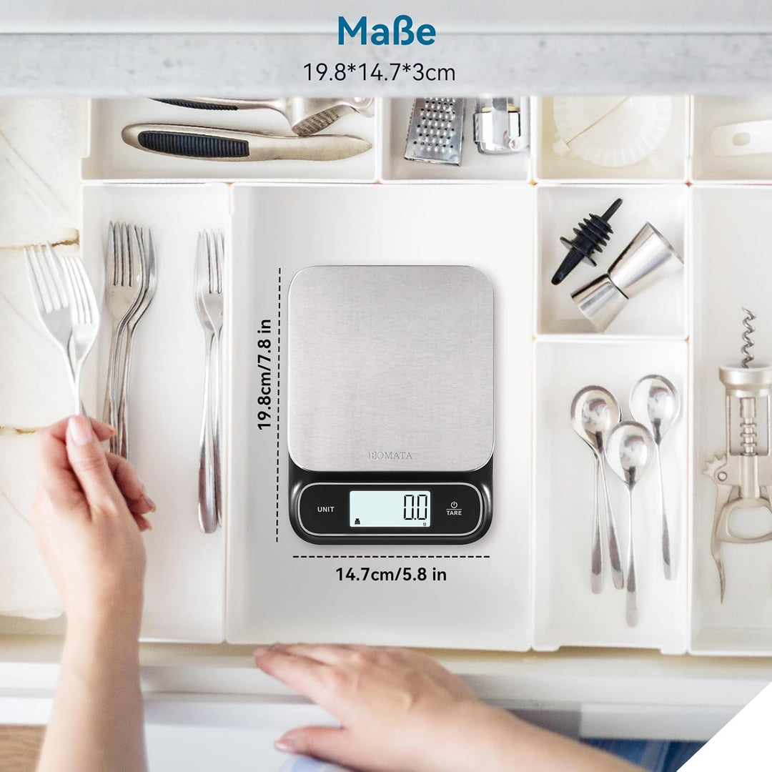BOMATA Wasserdichte IPX6 Küchenwaage, 0,1g hohe Präzision, 5kg, digitale Waage mit Hintergrundbeleuc