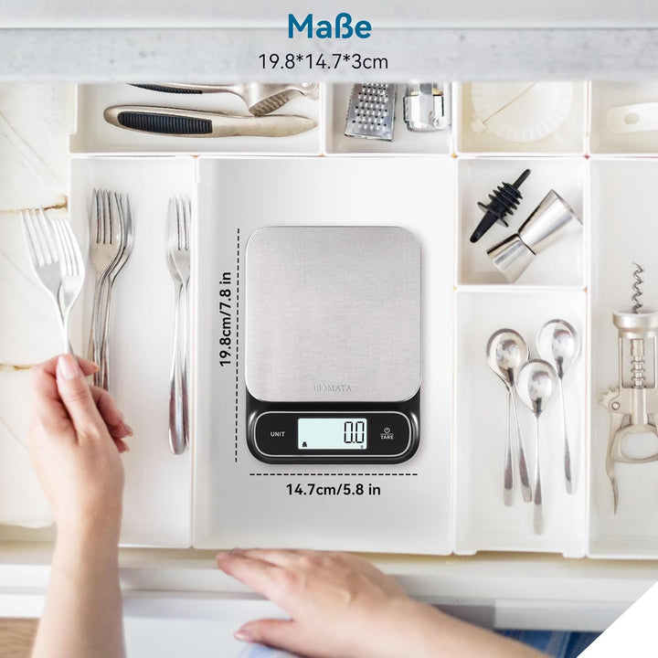 BOMATA Wasserdichte IPX6 Küchenwaage, 0,1g hohe Präzision, 5kg, digitale Waage mit Hintergrundbeleuc